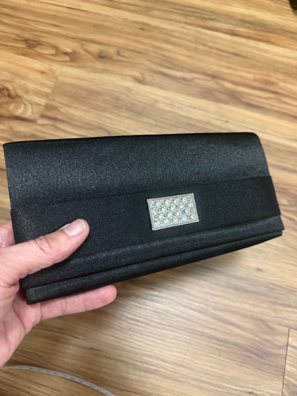 Black Satin Minimalist Evening Clutch with Rhinestone Accent-strap optional